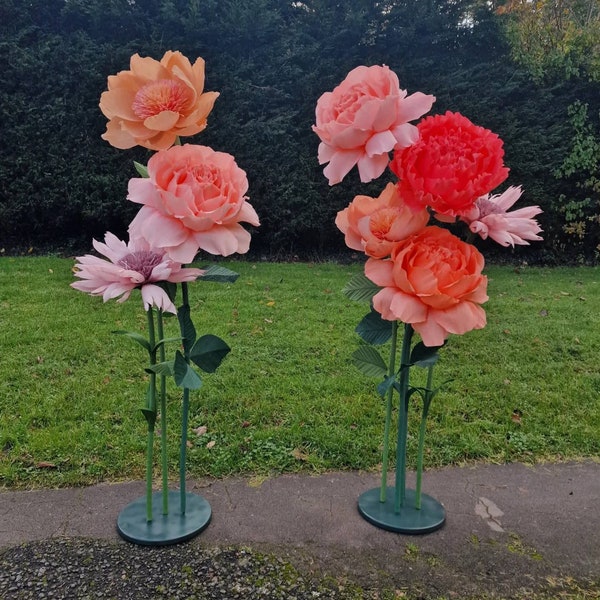 Set of flowers handmade of crepe paper on round stand Wedding,baby shower event freestanding floral decoration Home decor Windowdisplay