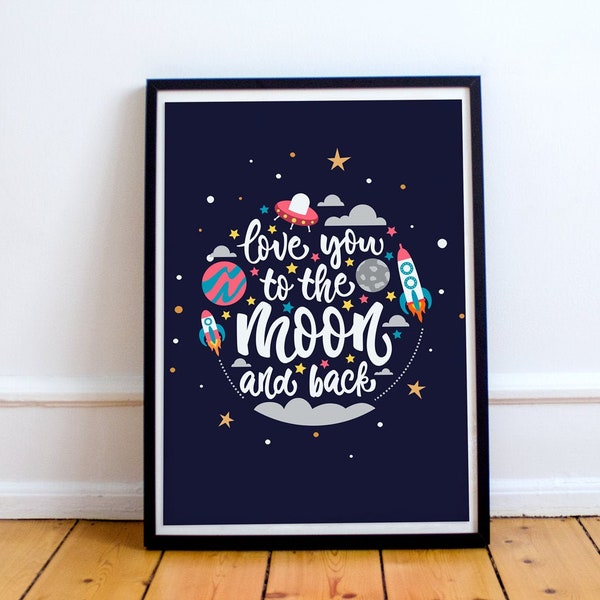 Love You To The Moon and Back Poster - Valentines Print, Wall Art, Minimal, Decor, Space, Gift, Typography, Hanging, Rockets, Wife, Husband