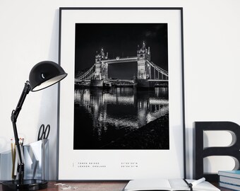 London Print, London Poster, Tower Bridge Poster Print, London Coordinates, London Wall Art, London Black and White, London Travel, Decor