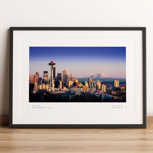 Seattle Print, Seattle Poster, Seattle Coordinates, Seattle Wall Art, Seattle Black and White, Seattle Travel, Mt Rainier, Seattle Skyline