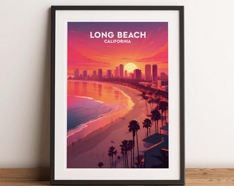 May include: A framed print depicting a sunset over Long Beach, California. The print shows a cityscape with palm trees and a beach in the foreground. The text "LONG BEACH CALIFORNIA" is printed at the top of the print.