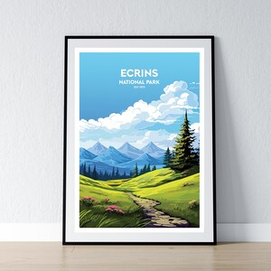 Póster del Parque Nacional de Ecrins. Impresión minimalista. Decoración del hogar. Arte de pared. Regalo de viaje. WPA.