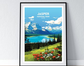 May include: A vintage-style poster featuring a scenic view of Jasper National Park in Canada. The poster has a blue sky with white clouds, a lake with blue water, green trees, and snow-capped mountains in the background. The text "JASPER NATIONAL PARK EST 1907" is at the top of the poster.