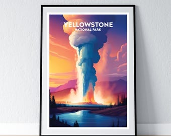 Pode incluir: Uma ilustração colorida de um gêiser em erupção no Parque Nacional de Yellowstone. O gêiser é uma alta coluna de vapor e água, com um esquema de cores azul e laranja. O céu é de um laranja e rosa vibrantes, com algumas nuvens. O texto "Yellowstone National Park" está impresso em branco no topo da imagem.
