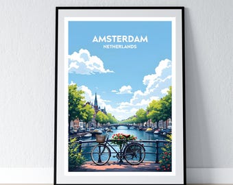 Amsterdam Poster Netherlands Print Dutch Wall Art Gift Travel Poster Print Home Wall Decor Illustration