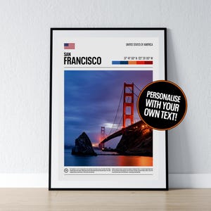 Póster de San Francisco Arte mural de San Francisco Coordenadas de San Francisco Impresión fotográfica del puente Golden Gate Regalo de viaje Póster Impresión de pared para el hogar