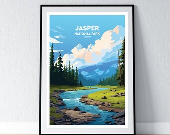 May include: A vintage-style poster featuring a scenic view of Jasper National Park in Canada. The poster has a blue sky with white clouds, a river flowing through a green valley, and mountains in the background. The text "JASPER NATIONAL PARK EST 1907" is at the top of the poster.