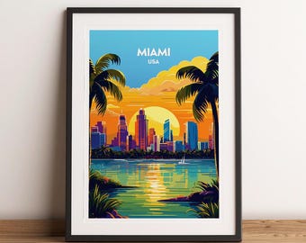Puede incluir: Impresión artística enmarcada que representa Miami al atardecer. La imagen muestra un horizonte colorido con edificios, palmeras y agua. El texto "Miami USA" está en la parte superior. El marco es negro.