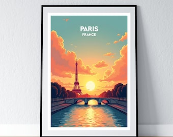 Paris Poster Eiffel Tower Sunset Paris Print Paris Wall Art Gift Travel France Poster French Print Home Wall Decor Illustration