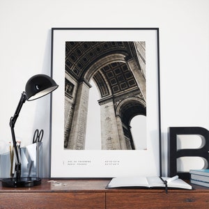 Impresión de París, cartel de París, impresión del cartel del Arco del Triunfo, coordenadas de París, arte de la pared de París, París en blanco y negro, viajes de París, decoración del hogar