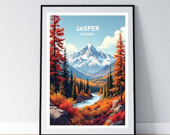 May include: A framed art print featuring a scenic view of Jasper, Canada. The artwork depicts a mountain range with snow-capped peaks, a river, and colorful autumn foliage in shades of red, orange, and yellow. The sky is blue with white clouds.