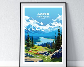 May include: A vintage-style poster featuring a scenic view of Jasper National Park in Canada. The poster has a blue sky with white clouds, a lake, mountains, and trees. The text "JASPER NATIONAL PARK EST 1907" is at the top of the poster.