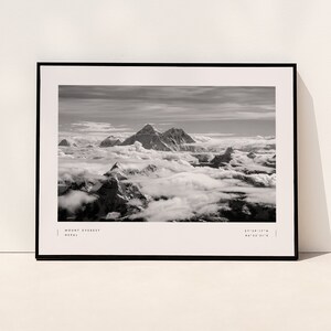 Pu&ograve; includere: Una fotografia in bianco e nero del Monte Everest, la montagna pi&ugrave; alta del mondo, con cime innevate e nuvole sullo sfondo. L'immagine include il testo "MOUNT EVEREST NEPAL 27&deg;59'17"N 86&deg;55'31"E".