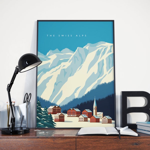 Schweizer Alpen Vintage Stil Berge Poster - Österreich, Schweiz, Reisen, Druck, Wandkunst, Dekor, Wanderlust, Retro, Interieur, Dekoration