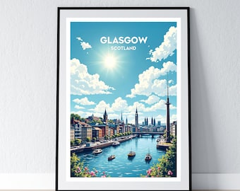Glasgow Poster Scotland Print Glasgow Wall Art Gift Travel Poster Print Home Wall Decor Illustration