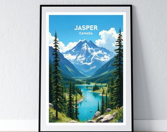 May include: Framed art print featuring a scenic view of Jasper, Canada. The artwork depicts a turquoise lake surrounded by green trees and mountains under a blue sky. The text "JASPER CANADA" is displayed at the top.