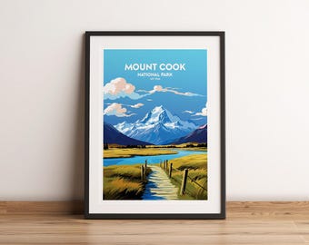 May include: A framed illustration of Mount Cook National Park in New Zealand. The illustration features a mountain range with a blue sky and white clouds. A path leads through a field of green grass towards the mountains.