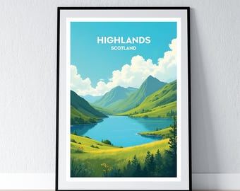 Scottish Highlands Poster Scotland Print Scottish Wall Art Gift Travel Poster Print Home Wall Decor Illustration