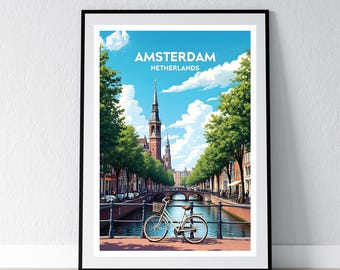 Amsterdam Poster Netherlands Print Dutch Wall Art Gift Travel Poster Print Home Wall Decor Illustration