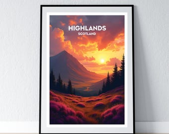 Scottish Highlands Poster Scotland Print Scottish Wall Art Gift Travel Poster Print Home Wall Decor Illustration