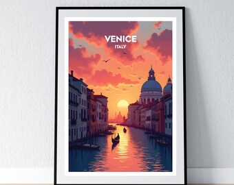 May include: Framed art print of Venice, Italy, depicting a sunset over a canal. The image features buildings, boats, and a large dome. The sky is filled with orange and purple hues, with the text "VENICE ITALY" at the top.