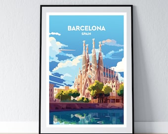 May include: A colorful illustration of the Sagrada Familia basilica in Barcelona, Spain. The basilica is a large, ornate church with many towers and spires. The illustration is set against a blue sky with white clouds.