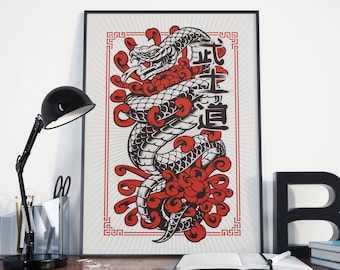 Snake Viper Poster - Japanese Print, Traditional, Chinese, Wall Art, Mural, Decor, Home, Oriental, Vintage, Art, Tattoo