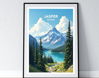 May include: A framed art print featuring a scenic view of Jasper, Canada. The artwork depicts a turquoise lake surrounded by evergreen trees and snow-capped mountains under a blue sky with fluffy white clouds. The text "JASPER CANADA" is at the top.