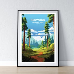 Póster del Parque Nacional Redwood Impresión del Parque Nacional Redwood Póster minimalista Impresión Decoración del hogar Arte de pared Regalo de viaje WPA