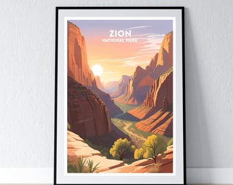 Puede incluir: Una ilustración colorida del Parque Nacional Zion en Utah. La imagen muestra un cañón con un río serpenteando a través de él. El cielo es de un naranja y rosa vibrantes, con un sol brillando intensamente en la distancia. El texto "Zion National Park" está impreso en blanco en la parte superior de la imagen.