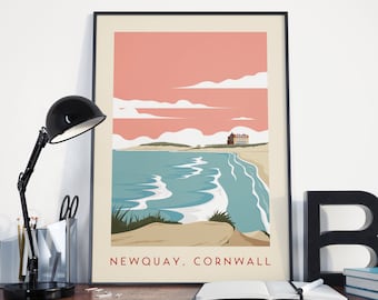 Newquay Vintage Style Poster - Cornwall Travel, Print, Wall Art, Fistral Beach, Decor, Wanderlust, Retro, Interior Design
