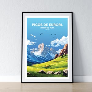 Póster del Parque Nacional de los Picos de Europa. Impresión minimalista del Parque Nacional de los Picos de Europa. Decoración del hogar. Arte de pared. Viajes.