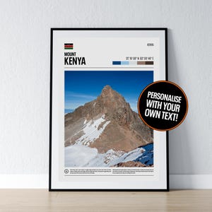 Poster del Monte Kenya, arte murale del Monte Kenya, coordinate del Monte Kenya, stampa fotografica dell'Africa, poster regalo di viaggio in Kenya, decorazione da parete per la casa