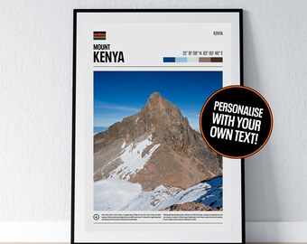 Puede incluir: Impresión enmarcada del Monte Kenia, que muestra la bandera de Kenia y las coordenadas geográficas. La imagen muestra la montaña con nieve y un cielo azul claro. El texto incluye "Mount Kenya" y "¡Personaliza con tu propio texto!"