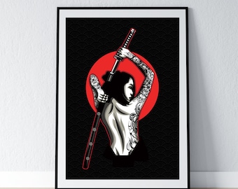 Female Samurai Poster - Japanese Print, Female, Traditional, Chinese, Wall Art, Mural, Decor, Home, Oriental, Vintage, Art, Tattoo, Geisha