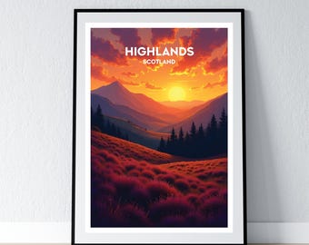 Scottish Highlands Poster Scotland Print Scottish Wall Art Gift Travel Poster Print Home Wall Decor Illustration