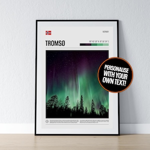 Tromso Nordlichter Poster Tromso Aurora Borealis Wand Kunst Tromso Koordinaten Foto Druck Reise Geschenk Norwegen Poster Print Home Wand Dekor