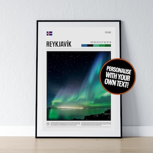 Poster di Reykjavik, arte murale di Reykjavik, coordinate di Reykjavik, stampa fotografica dell'Islanda, poster regalo di viaggio islandese, stampa, decorazione da parete per la casa