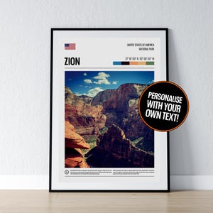 Zion National Park Poster Zion National Park Wand Kunst Zion Utah USA Koordinaten Foto Druck Reise Geschenk Poster Print Home Wand Dekor