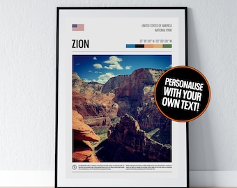 Zion National Park poster Zion National Park muurkunst Zion Utah VS coördinaten fotoprint reiscadeau poster print Home muurdecoratie