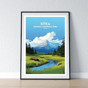 Póster del Parque Histórico Nacional de Sitka. Impresión del Parque Histórico Nacional de Sitka. Impresión de póster minimalista. Decoración del hogar. Arte de pared. Regalo de viaje. WPA.