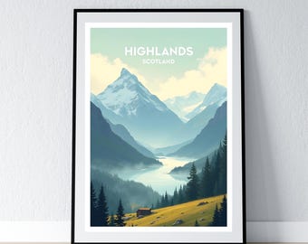 Scottish Highlands Poster Scotland Print Scottish Wall Art Gift Travel Poster Print Home Wall Decor Illustration