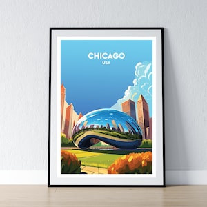 Chicago Poster Chicago Druck Chicago Wand Kunst Chicago Bohne Geschenk Reise Poster Druck Hauswand Dekor Illustration