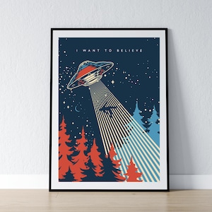 Póster "Quiero creer", abducción ovni, impresión de Mulder Scully, platillo volador extraterrestre, decoración de pared, clásico de culto de TV