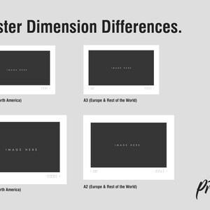 May include: A graphic showing the different dimensions of posters in North America and Europe. The poster sizes are 11x17 inches, 16x20 inches, A3, and A2. The text "IGD Prints" is in the bottom right corner.