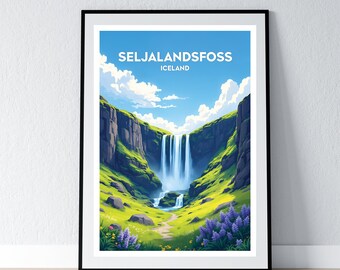 Seljalandsfoss Poster Iceland Waterfall Print icelandic Wall Art Gift Travel Poster Print Home Wall Decor Illustration