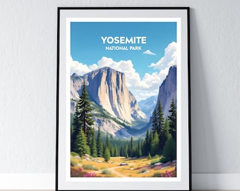 May include: Framed art print featuring a scenic view of Yosemite National Park. The artwork depicts a valley with towering rock formations, lush green trees, and a winding path under a blue sky with fluffy clouds. The text "YOSEMITE NATIONAL PARK" is at the top.