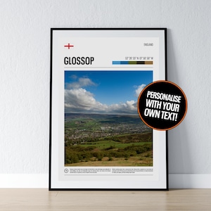 Poster Glossop, arte murale Glossop, coordinate Glossop, stampa fotografica High Peak, regalo da viaggio, poster Peak District, stampa, decorazione da parete per la casa