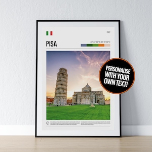 Póster de Pisa, Torre Inclinada de Pisa, Arte mural, Coordenadas de Italia, Impresión fotográfica, Regalo de viaje, Impresión de póster, Decoración de pared para el hogar