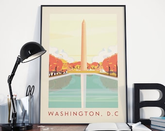 Washington DC Vintage Style Poster - Monument Travel, Print, Wall Art, D.C, USA, United States, City, Decor, Wanderlust, Retro, US, Mall